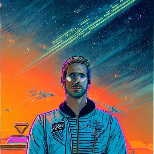 Image similar to a portrait of a Rayan Gosling with thunders in the sky in a future cybernetic city, outrun style and colours, trending on arstation, by dan mumford, by ross tran