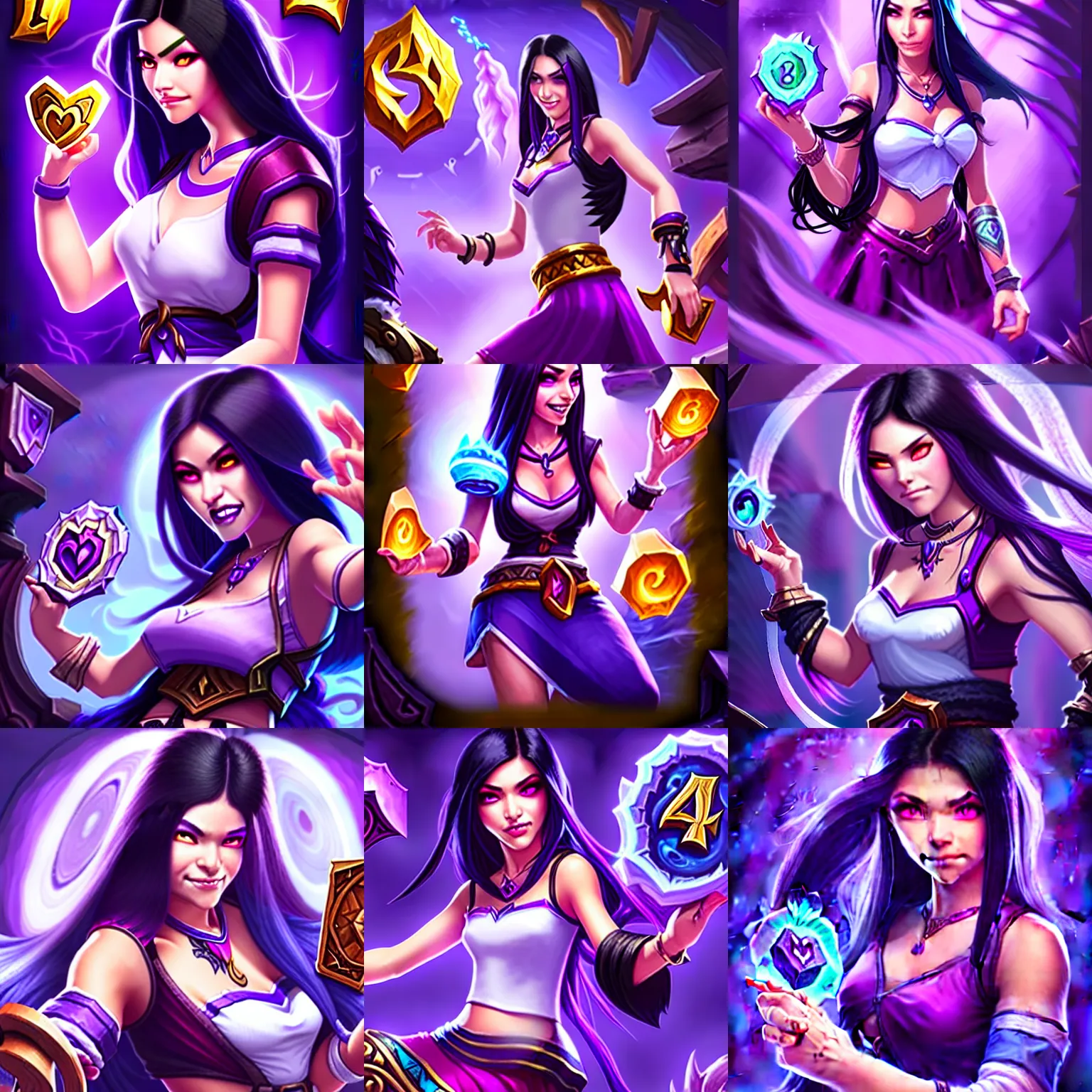 Prompt: a beautiful woman with long black hair, wearing a white tanktop and a purple skirt, Hearthstone official splash art