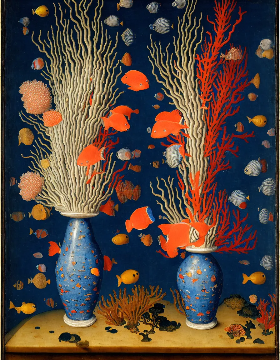 Image similar to bottle vase of coral under the sea decorated with a dense field of stylized scrolls that have opaque outlines enclosing mottled blue washes, with blue cobalt shells and yellow fishes, Ambrosius Bosschaert the Elder, oil on canvas, around the edges there are no objects