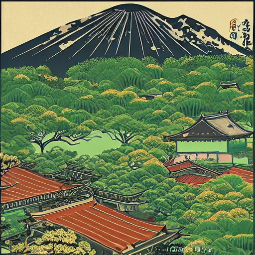 Image similar to landscape of japanese countryside, in style of weezer pinkerton