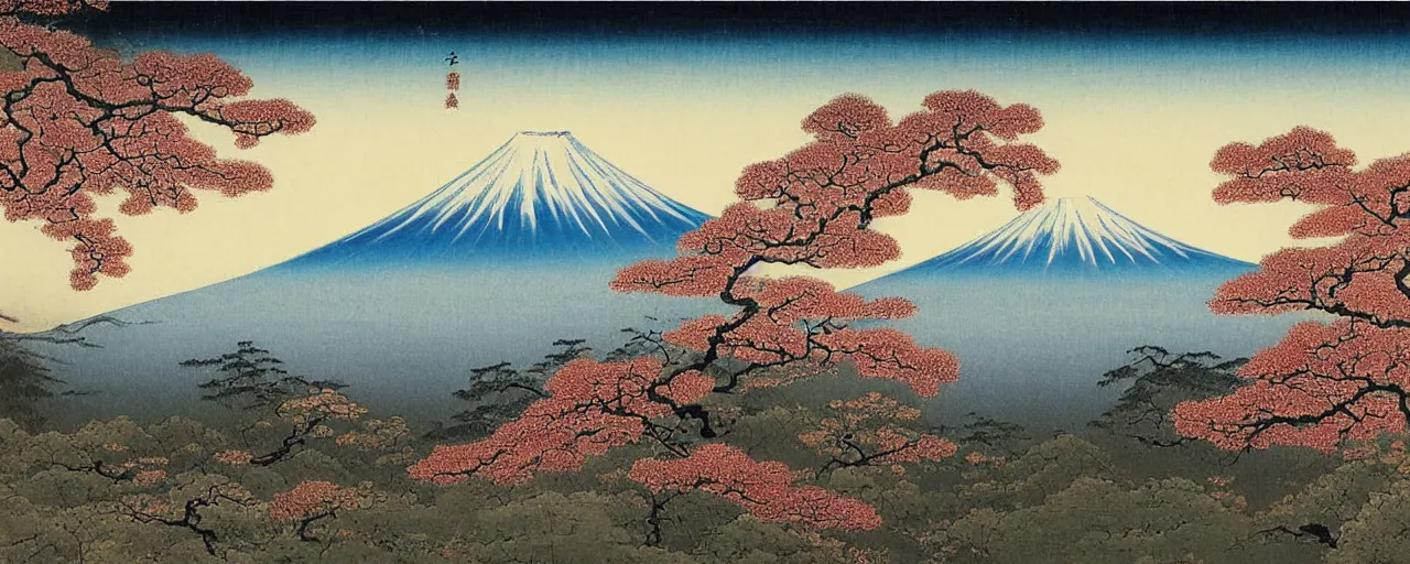 Image similar to a japanese painting a beautiful view of mount fuji