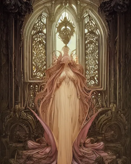 Prompt: a beautiful detailed front view of a dead rotten princess dressed in ornate baroque architecture, ornamentation, elegant, beautifully soft lit, by wayne barlowe, peter mohrbacher, kelly mckernan