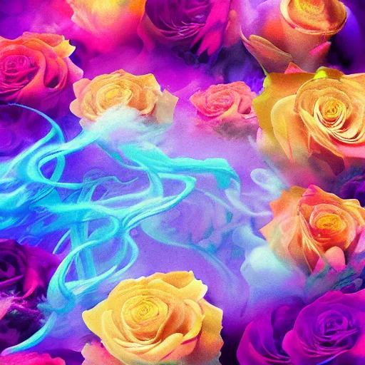 Prompt: Roses made of colorful smoke, hazy, atmospheric, inspiring digital art, award winning, artstation,
