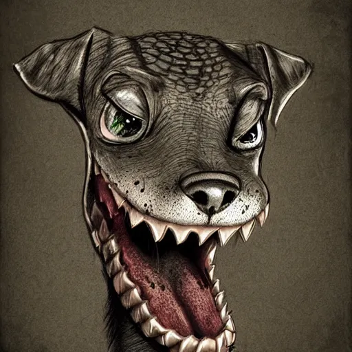 Image similar to grunge cartoon sketch of a dog snake mix with a wide smile by - michael karcz, loony toons style, horror theme, detailed, elegant, intricate