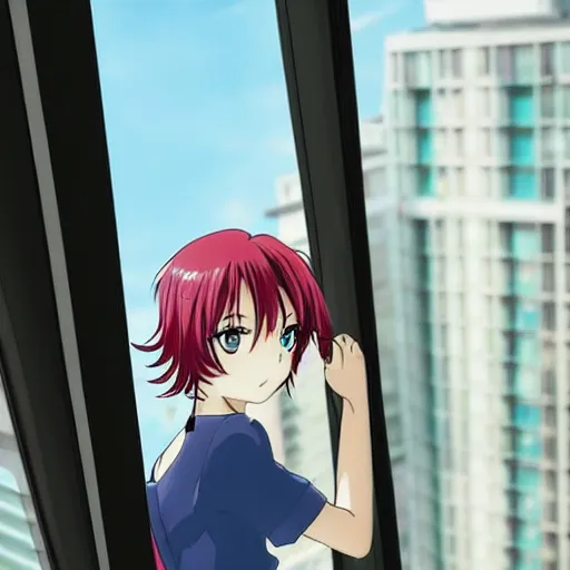 Prompt: an attractive anime woman with multicolored hair looking out of a window of a tall building