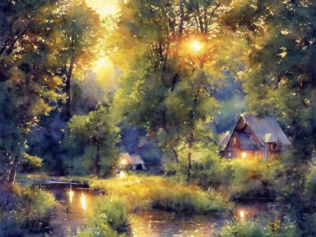 Prompt: A beautiful night in the swedish countryside, watercolor painting by Vladimir Volegov