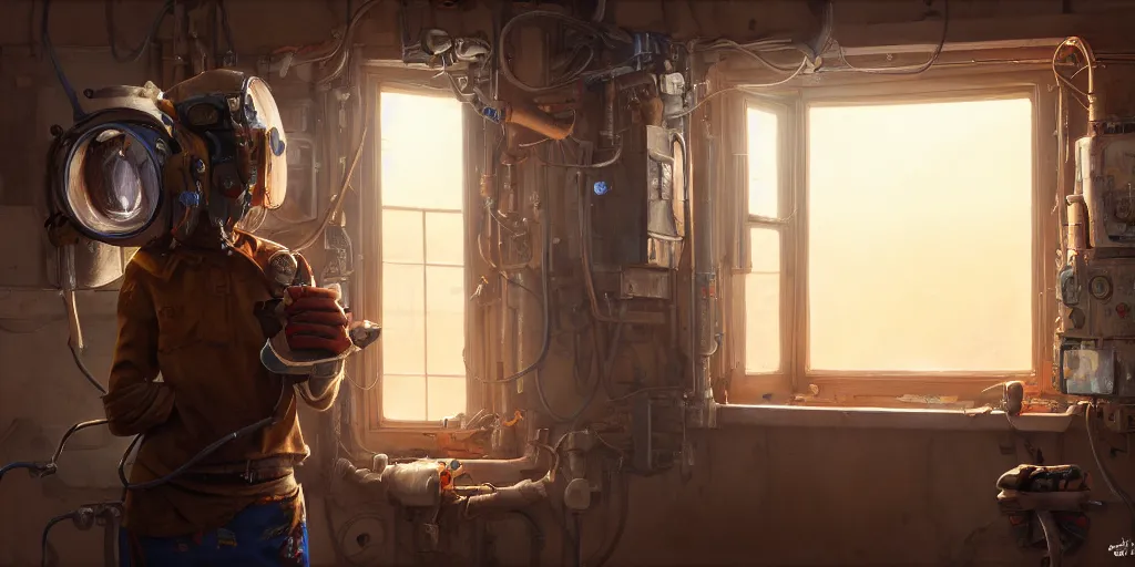 Image similar to highly detailed portrait painting of welder girl, room mono window, by eddie mendoza and tyler edlin, 8 k resolution