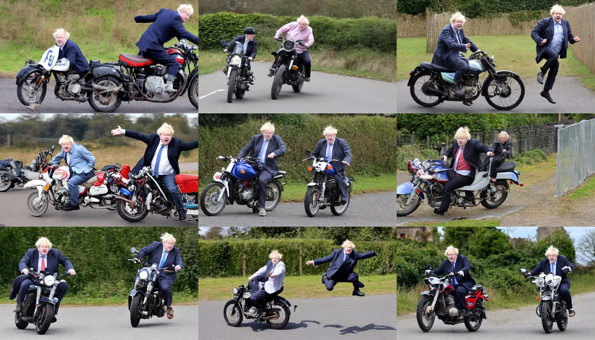 Prompt: Boris Johnson jumping the fence on the motorbike in great escape in the style of Quentin Blake