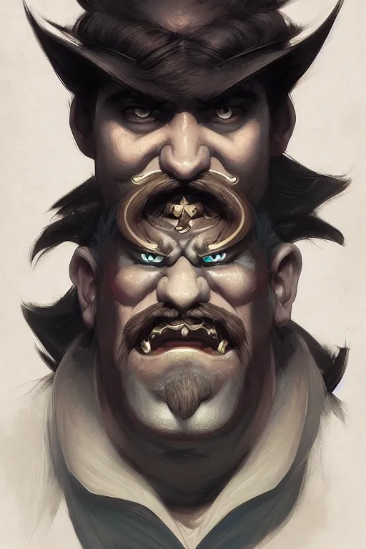 Image similar to portrait of Wario from WarioWare, dreamy and ethereal and dark, smiling expression, dark fantasy, chaotic, elegant, highly detailed, digital painting, artstation, concept art, smooth, sharp focus, illustration, art by artgerm and greg rutkowski and alphonse mucha