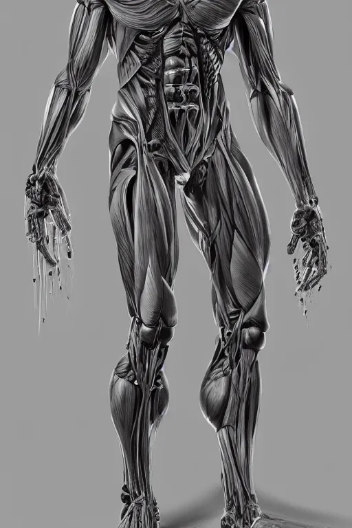 Prompt: full body mutant human anatomy concept, medical anatomy, cybernetic implants, gun metal grey, mecha limbs, muscular system reference, anatomical art, digital art, in the style of ruben alba, aaron sims, amanda lilleston, luka mivsek, bryan christie, ranjit ghosh, artstation, pinterest, deviantart, photoshop, octane render, unreal engine