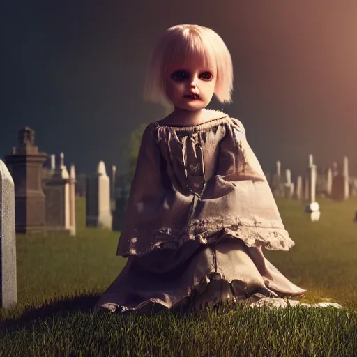 Image similar to an ethereal child's doll wearing victorian clothing and a sinister expression, sitting on a headstone in a cemetery, plague, fireflies, octane render, hypperreal, moody, cinematic composition, cinematic lighting, eerie, gothic, 8 k, hyper details, unreal engine, octane render