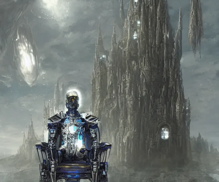 Image similar to translucent glowing cyborg sitting on a metal throne, futuristic castle as background, fantasy sci - fi, highly detailed, metallic, 2 0 0 mm focus