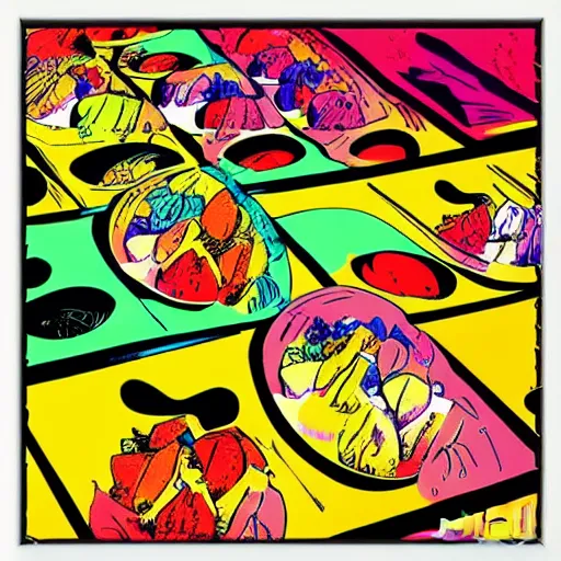 Prompt: dumplings flying through multiverse universe galaxy, popart, vivid colors, by Andy Warhol