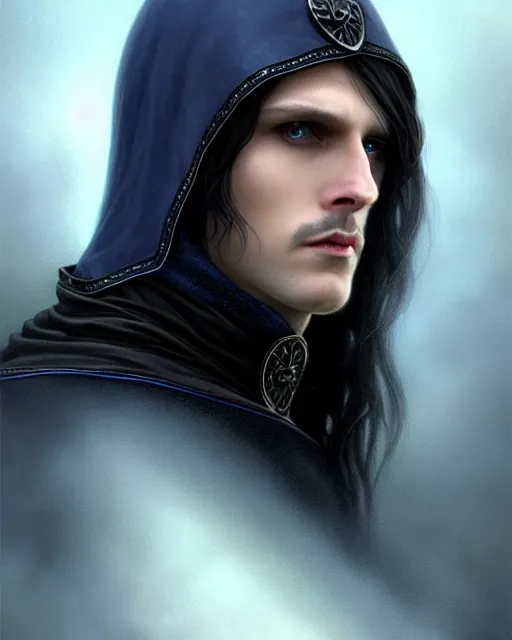 Prompt: mystical male mage face portrait, long black hair blue eyes wearing leather mantle gothic navy cloak with leather details, cliffside town, fantasy character portrait, ultrarealistic, intricate details, elegant, cinematic lighting, highly detailed, artstation, d & d art, cgsociety, sharp focus, beautiful digital painting by artgerm, gerald brom, wlop, alphonse mucha