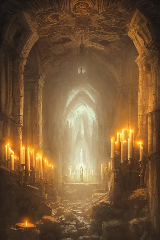 Prompt: Detailed Interior of Monastery Ruins, Evil Blood Sacrifice, light of god, light shafts, candles, stunning atmosphere, in Style of Peter Mohrbacher, cinematic lighting