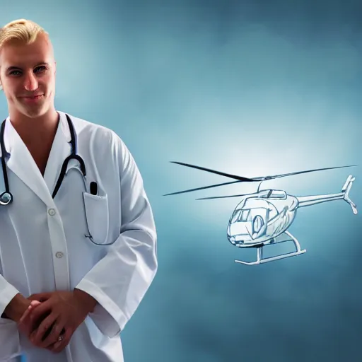 Prompt: blond male doctor in white robe in front of helicopter, epic lighting, drawing