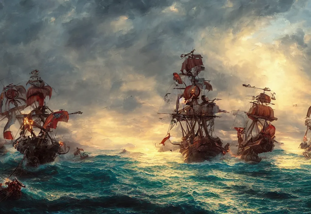 Prompt: an epic battle at the sea between only two pirate ships, dynamic composition, cinematic lighting, warm and vibrant colors, little detailed oil on canvas painting by Michael C Hayes, octane render trending on artstation, 4k, 8k, HD
