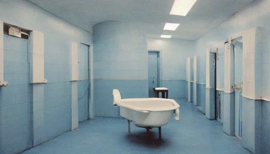 Image similar to 60s movie still of a sovietic stalinist style empty light blue tiles room with many toilets, cinestill 800t 50mm eastmancolor, liminal Space style, heavy grain-s 150