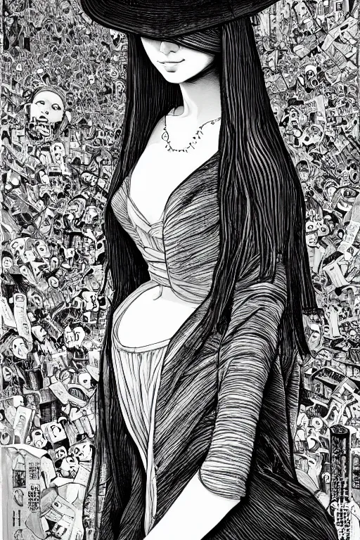 Image similar to beautiful portrait of a woman, negative no not mona lisa pose, highly detailed ink illustration of a dark alley of taipei, b & w clean shaped illustration by kim jung gi, ric estrada, ron english and eiichiro oda