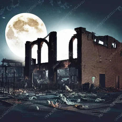 Prompt: ruins of a factory in the night enlightens by the full moon, there are zombies walking around, photorealistic