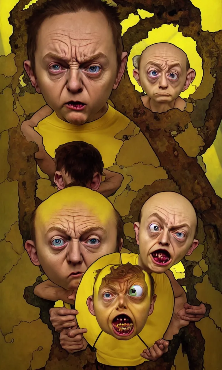 Image similar to hyper realistic grotesque portrait of an very young 1 2 yr dumb roundheaded round head morty, from rick and morty, worried, yellow t - shirt, portal in the background, by lee bermejo, alphonse mucha and greg rutkowski