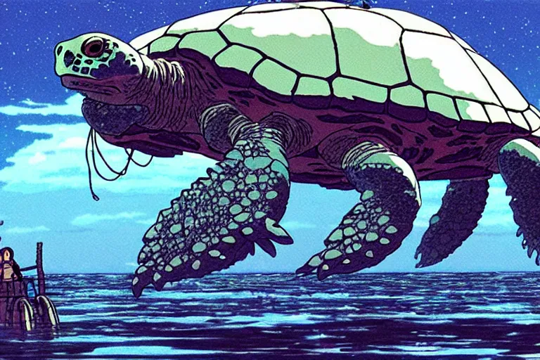 Image similar to a still from princess mononoke ( 1 9 9 7 ) film of a giant mechanized sea turtle, at night in the suburbs. full body, wide shot, very muted colors, post grunge, studio ghibli, laurie greasley, highly detailed, deviantart, art by artgem