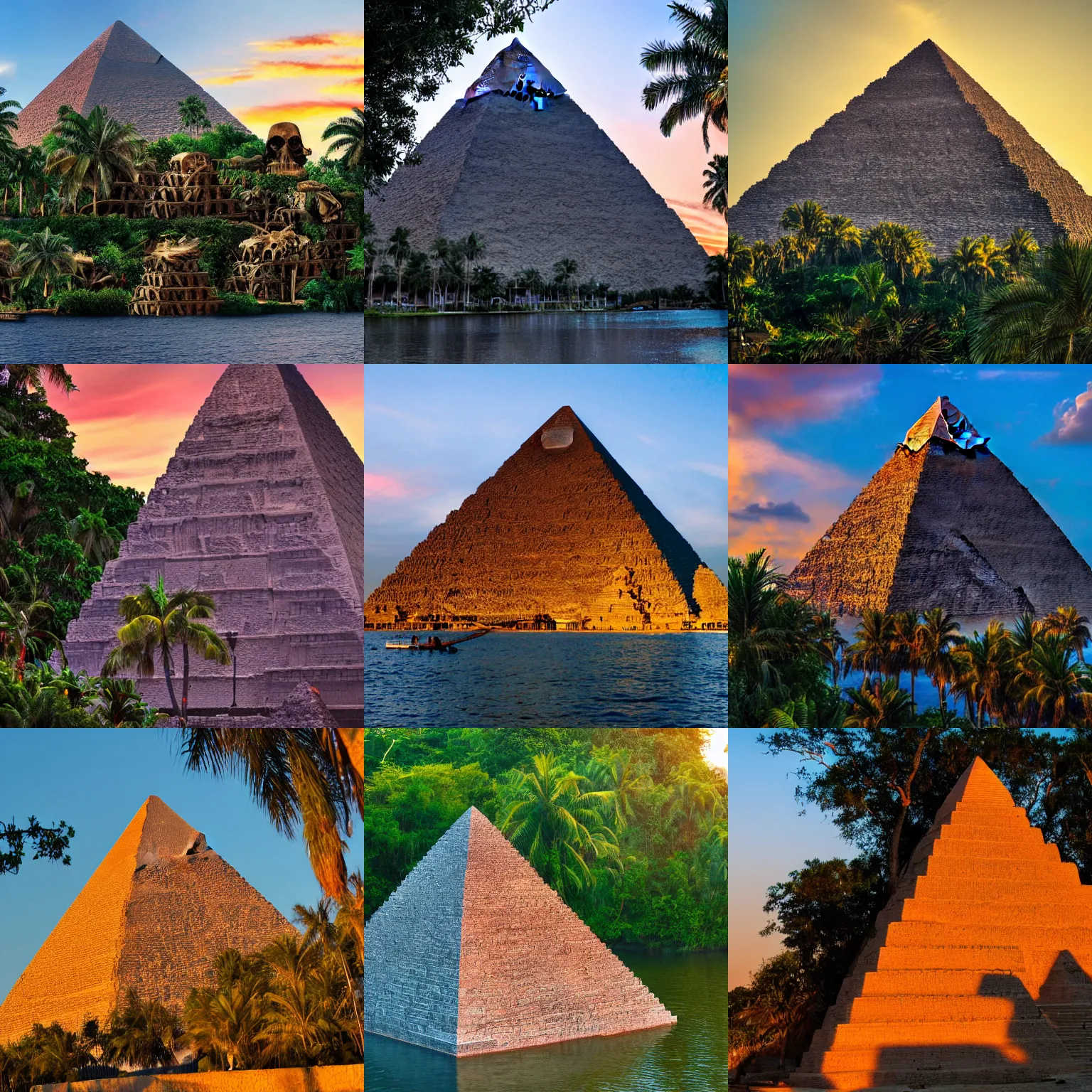 Prompt: pyramid of skulls, jungle island setting, sunset