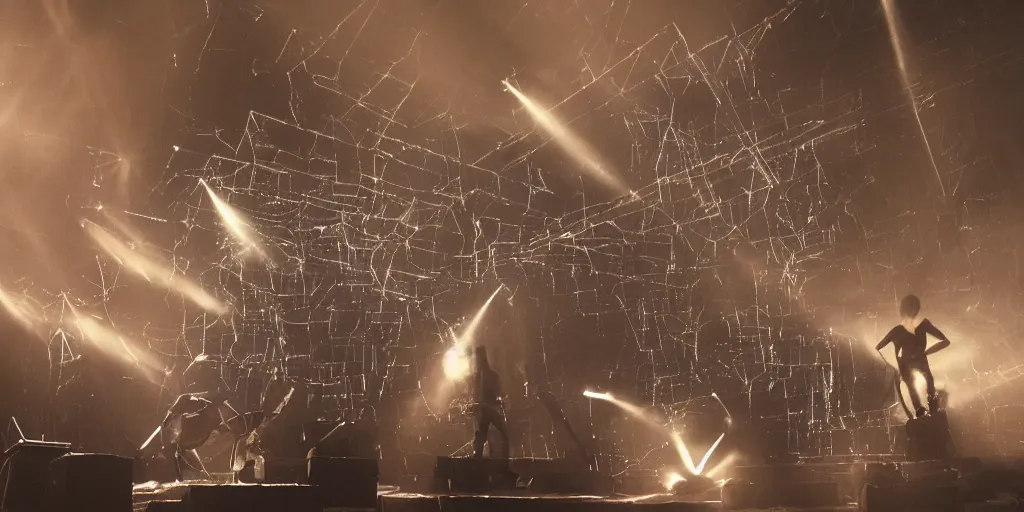 Image similar to dusty Trent Reznor smashing guitars, group of people on stage playing instruments, elaborate stage effects, dust, smoke, giant LED screens, colored projections, ultrafine detail, goth cybersuit, glowing thin wires, smoke, high contrast, projections, a screenshot by David Gilmour Blythe, holography, tesseract, volumetric lighting, anamorphic lens flare