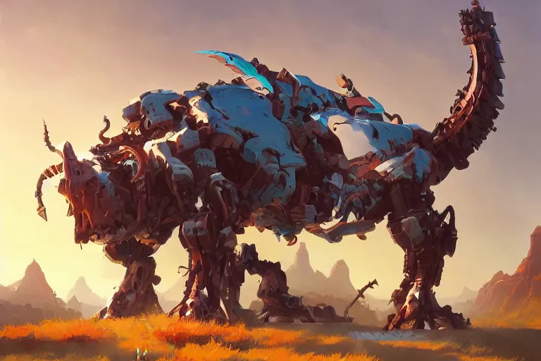 Image similar to grimhorn fanghorn machine mecha animal beast robot of horizon forbidden west horizon zero dawn bioluminiscence, behance hd by jesper ejsing, by rhads, makoto shinkai and lois van baarle, ilya kuvshinov, rossdraws global illumination