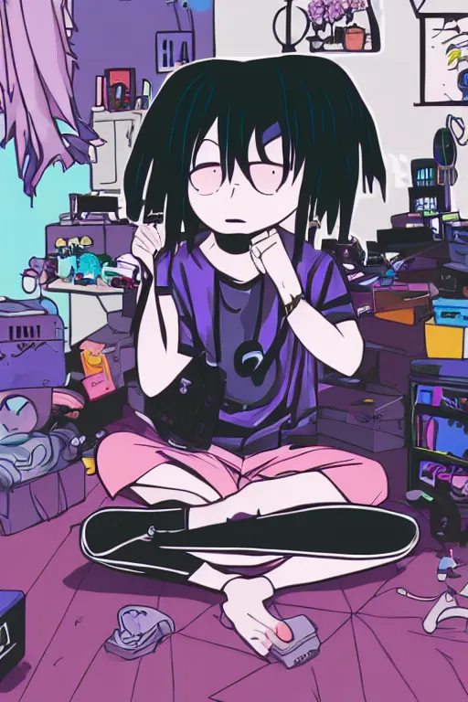 Image similar to goth chibi anime goth guy sitting on the floor of a cluttered 9 0 s bedroom, vaporwave colors, lo - fi, concept art, smooth, detailed, toon shading, cel shading, animation, 4 k, hd,