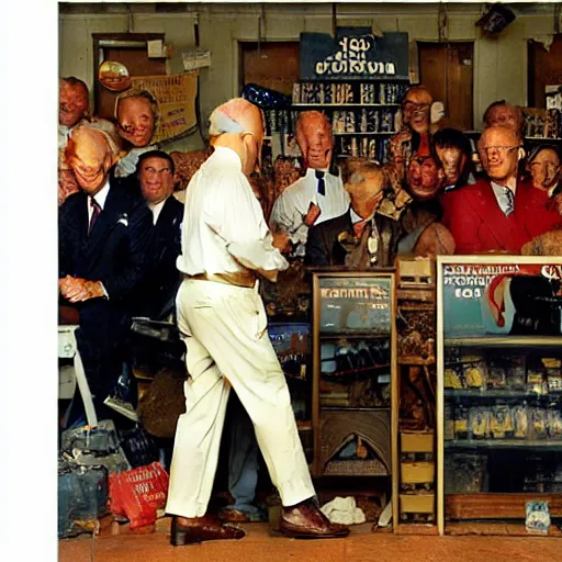 Image similar to joe biden forgets to breathe and falls over in a shop, painted by norman rockwell and tom lovell and frank schoonover