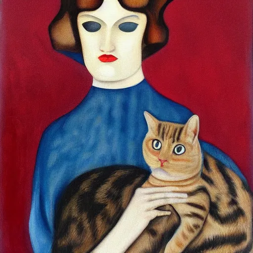 Image similar to a painting of a middle aged woman in a red dress has a cat sitting on her shoulder, by christian schad