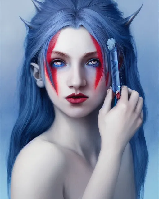 Image similar to A detailed matte oil on canvas head on symmetrical portrait of a distinguished elven woman with red and blue hair on an empty background, by Charlie bowater, Wlop, trending on artstationhd, dungeons and dragons art, parted hair , half blue, half red , split dye, critical role