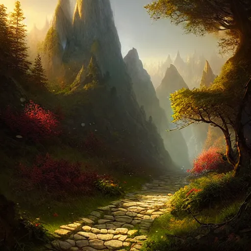 Image similar to beautiful matte painting by arthur gurin concept art of archway fantasy path into the mountainous sloping meadow and slightly forested background void of people, atmospheric lighting, painted, intricate, volumetric lighting, beautiful, rich deep colors masterpiece, sharp focus, ultra detailed by