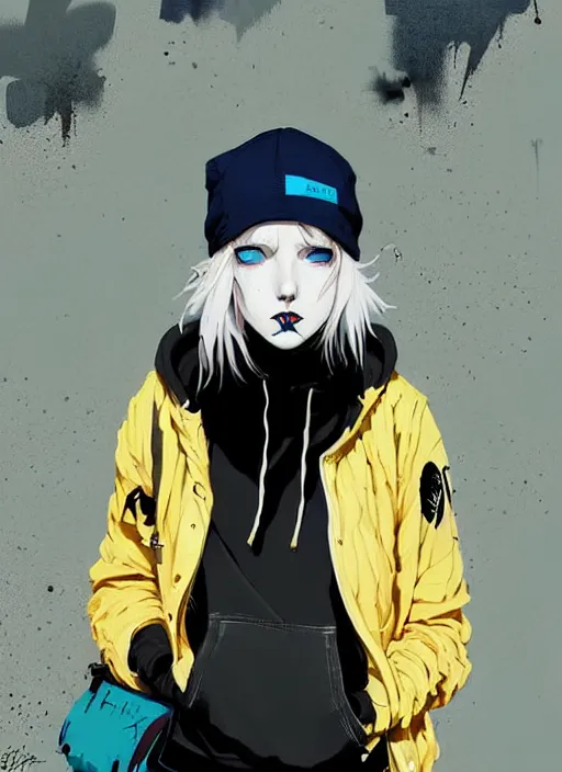 Image similar to highly detailed portrait of a street punk lady student, blue eyes, hoodie, hat, white hair by atey ghailan, by greg rutkowski, by greg tocchini, by james gilleard, by joe fenton, by kaethe butcher, gradient yellow, black, brown and cyan blue color scheme, grunge aesthetic!!! ( ( graffiti tag wall background ) )