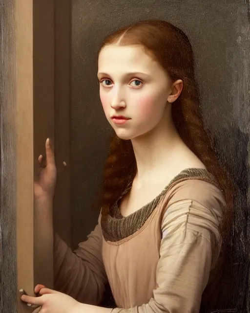 Image similar to a window - lit realistic portrait painting of an open - mouthed girl resembling a young, shy, redheaded alicia vikander or millie bobby brown, lit by a window at the side, highly detailed, intricate, by leonardo davinci, bouguereau, and boticelli