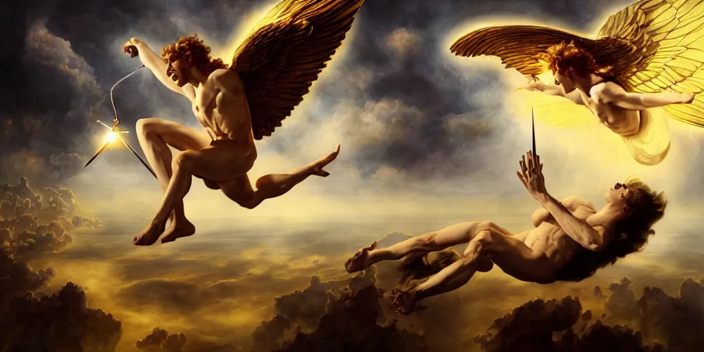 Image similar to Icarus trying to catch the golden snitch, by Rolf Armstrong and Evelyn De Morgan and Bastien Lecouffe-Deharme, dramatic lighting, high contrast colors, baroque, empyrean, panoramic view, as trending on Artstation, highly detailed, doom engine,