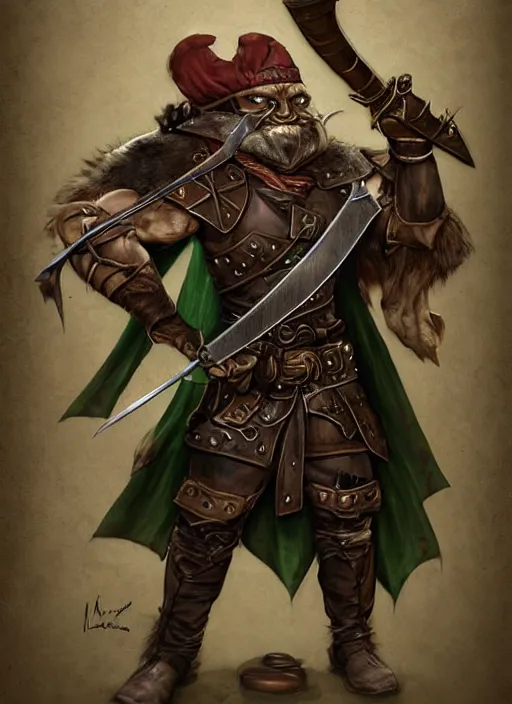 Image similar to strong young man, photorealistic bugbear ranger holding sword, fire magic, black beard, dungeons and dragons, pathfinder, roleplaying game art, hunters gear, jeweled ornate leather and steel armour, concept art, character design on white background, by norman rockwell, makoto shinkai, kim jung giu, artstation trending, poster art, colours red and green