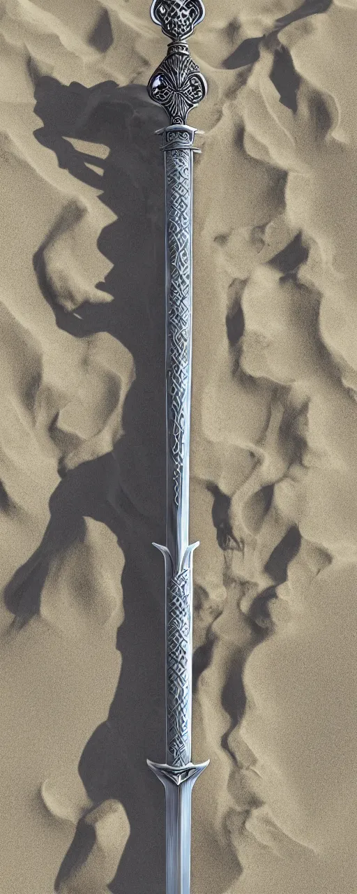 Image similar to sword of justice laying in the sand, ornate gem in pommel, engraved blade, serrated point, herringbone floor, low angle, greg rukowski, boris vallejo