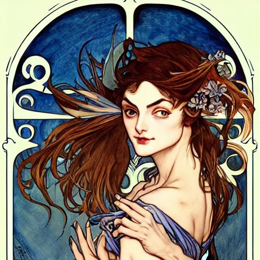 Image similar to in the style of artgerm, arthur rackham, alphonse mucha, phoebe tonkin, symmetrical eyes, symmetrical face, flowing blue skirt, hair blowing, intricate filagree, hidden hands, warm colors, cool offset colors