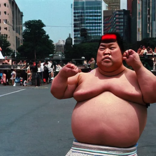 Prompt: 1 9 8 0 s sumo wrestler street performer