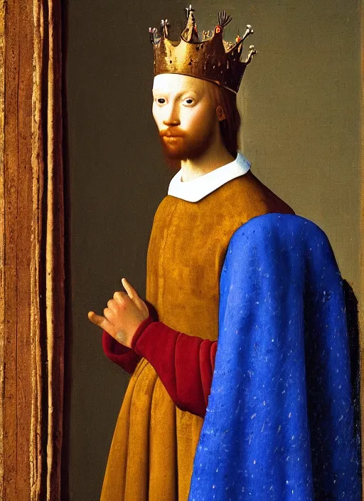 Image similar to portrait of a young man who is a king with a crown, medieval painting by Jan van Eyck, Johannes Vermeer, Florence