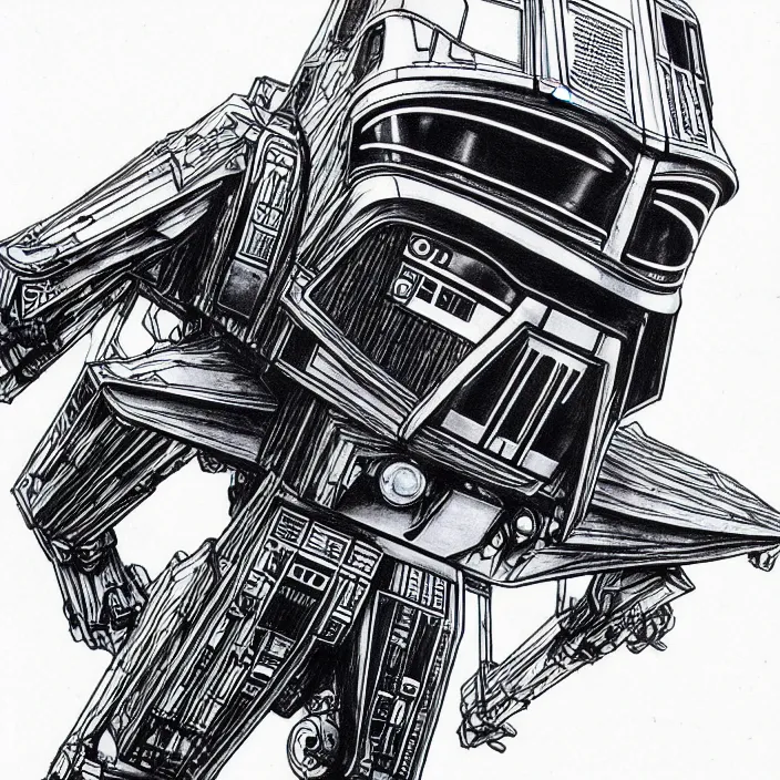 Image similar to bus like a kitan strider from star wars, high detailed pen drowning