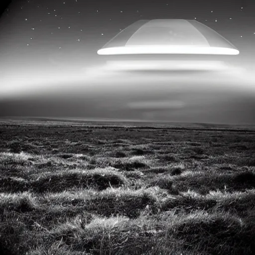 Image similar to dark photo of an ufo in the skies, there is a nuclear explosion behind, black and white, pictorialism