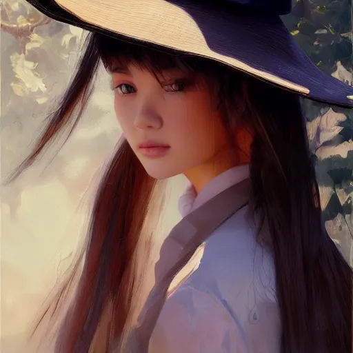 Image similar to oil painting by ilya kuvshinov,, baugh casey, artgerm craig mullins, coby whitmore, of a youthful japanese girl, long hair, fisherman's hat, highly detailed, breathtaking face, studio photography, noon, intense bounced light, water reflection, large tree casting shadow, serine intense sunlight