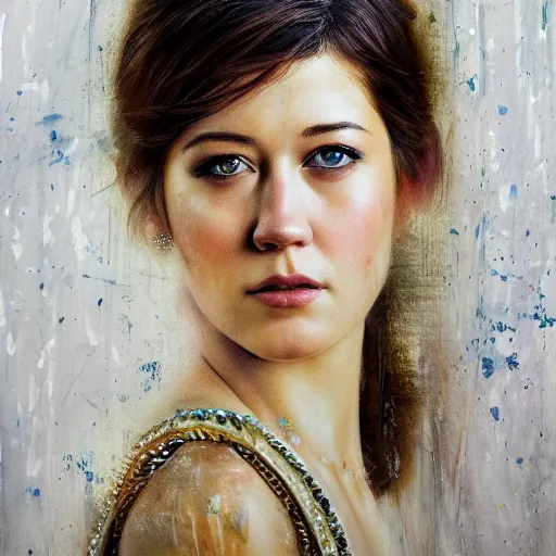 Image similar to hyper realistic candid portrait mixed media painting of beautiful Mary Elizabeth Winstead as a greek goddess, hyper detailed, realistic eyes, cinematic lighting, masterpiece