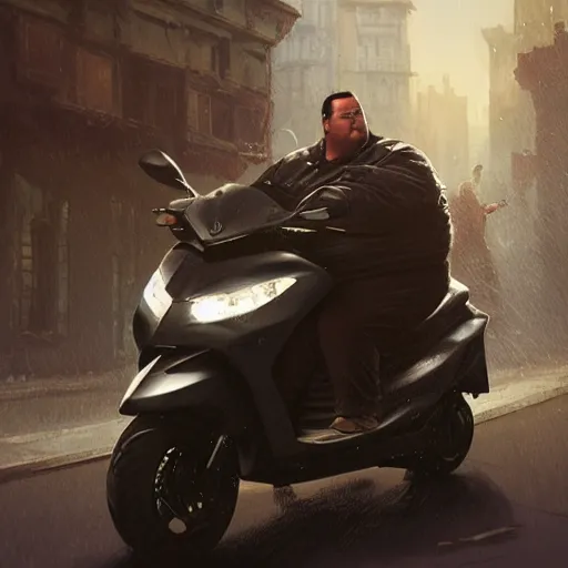 Image similar to obese Steven Seagal riding a scooter, amazing splashscreen artwork, splash art, natural light, elegant, intricate, fantasy, atmospheric lighting, cinematic, matte painting, by Greg rutkowski