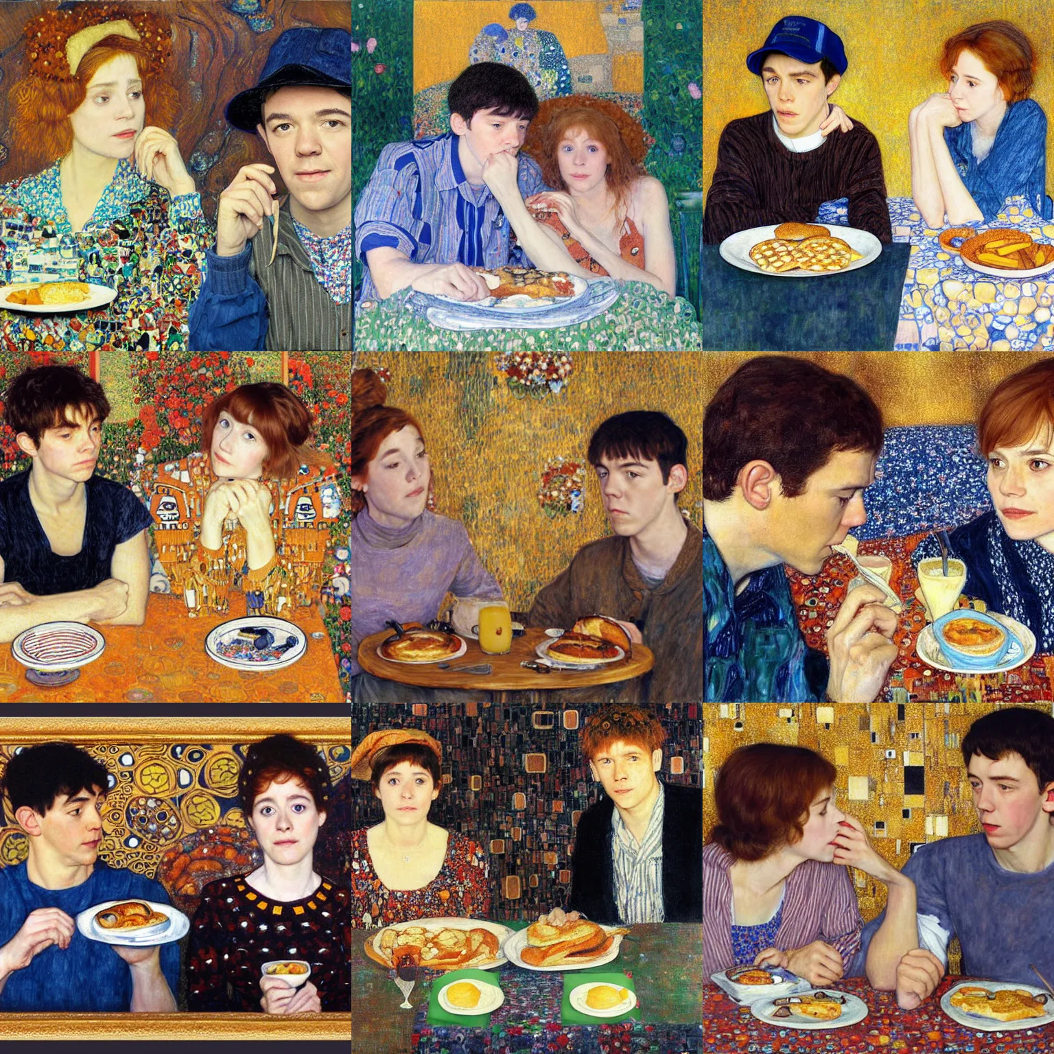 Prompt: a painting of two people eating breakfast, one is female asa Butterfield mixed with pam beesly, the other is a man with brown hair wearing a baseball cap, the man is wearing a baseball cap, by gustav klimt