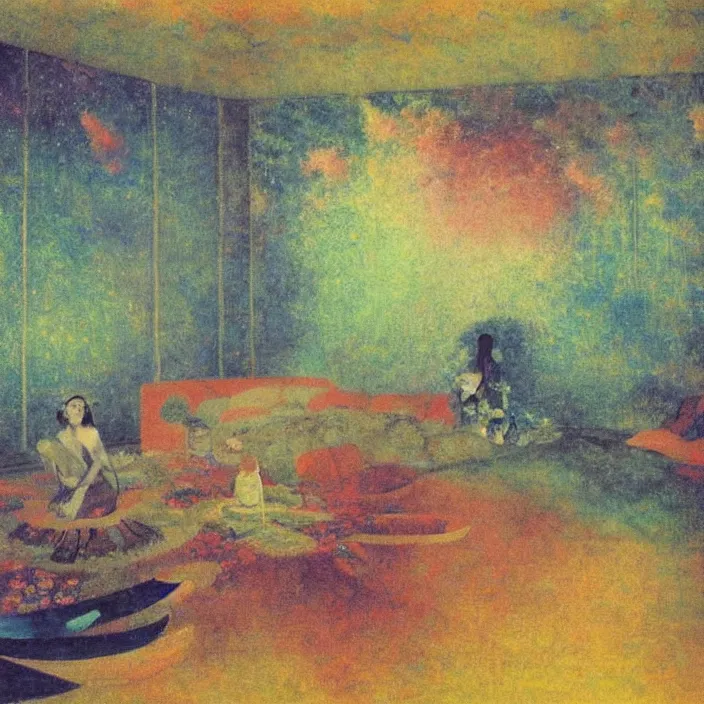 Image similar to interior of a house flooded. aurora borealis. iridescent, psychedelic colors. painting by balthus, agnes pelton, utamaro, monet