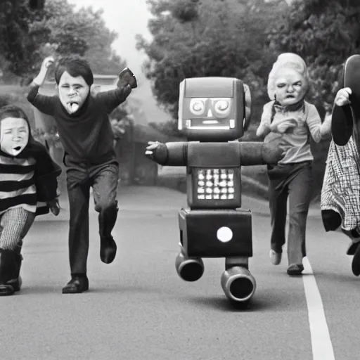 Prompt: in the style of 1960s, A scary robot is chasing after a bunch of scared kids down the street, fully detailed , fully detailed kids faces in focus